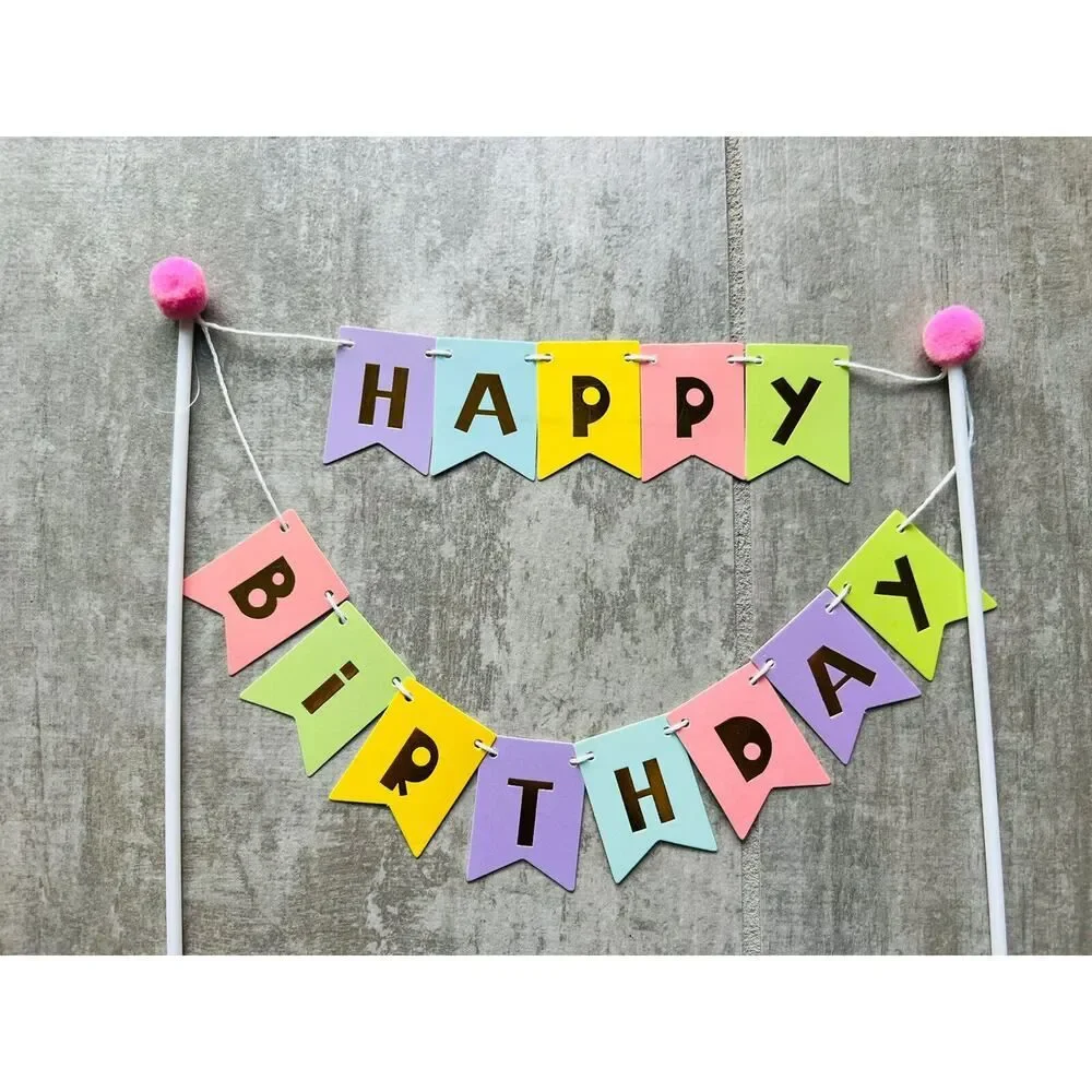 Happy Birthday Cake Topper String Banner NEW Rainbow Pastel Pom Pom Girls Kids